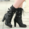Women's Goth Black Platform Heels Faux Leather Lace-up Boots Urban | Canada