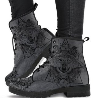 Women's Dark Gray Boots Wolf Mandala Fashion Vegan Leather | Canada