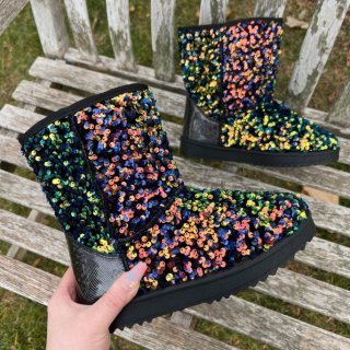 Women's Iridescent Sequin Glitter Mid Calf Boots Sparkly Bling | Canada