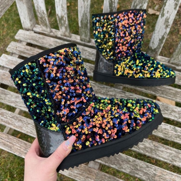 Women's Iridescent Sequin Glitter Mid Calf Boots Sparkly Bling | Canada