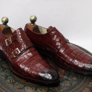 Men's New Handmade Leather Burgundy Crocodile Textured Double Monk | Canada