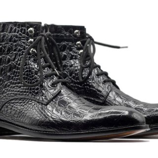 Men's Handmade Black Alligator Texture Leather Bootss | Canada