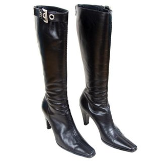 Women's Vintage Prada Black Leather Boots / Prada Buckle Pointy Square | Canada