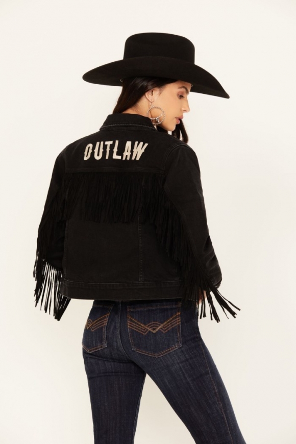 Special Offer Idyllwind Women's Outlaw Fringe Denim Trucker Jacket | Black