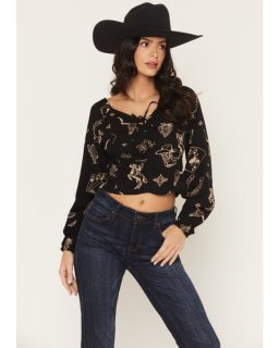 Special Offer Idyllwind Women's Keystone Conversational Print Three Quarter Sleeve Top | Black Special Offer Idyllwind Women's Keystone Conversational Print Three Quarter Sleeve Top | Black