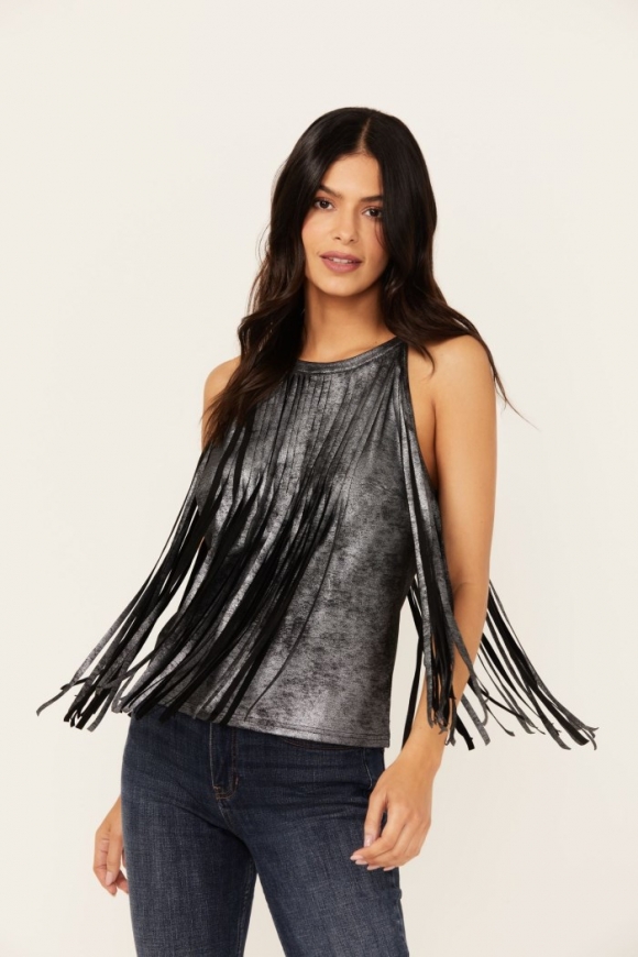 Special Offer Idyllwind Women's Prescott Foiled Faux Suede Fringe Tank | Black