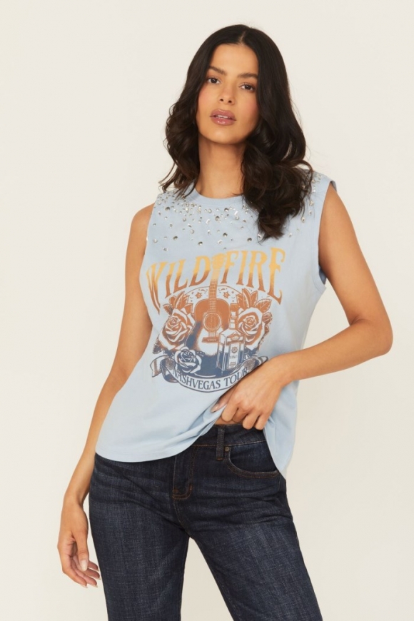 Special Offer Idyllwind Women's Wild Fire Embellished Sleeveless Graphic Tank | Light Blue Special Offer Idyllwind Women's Wild Fire Embellished Sleeveless Graphic Tank | Light Blue