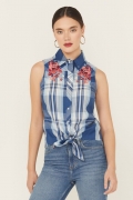 Special Offer Idyllwind Women's Plaid Print Embroidered Front Sleeveless Snap Western Shirt | Blue