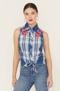 Special Offer Idyllwind Women's Plaid Print Embroidered Front Sleeveless Snap Western Shirt | Blue Special Offer Idyllwind Women's Plaid Print Embroidered Front Sleeveless Snap Western Shirt | Blue