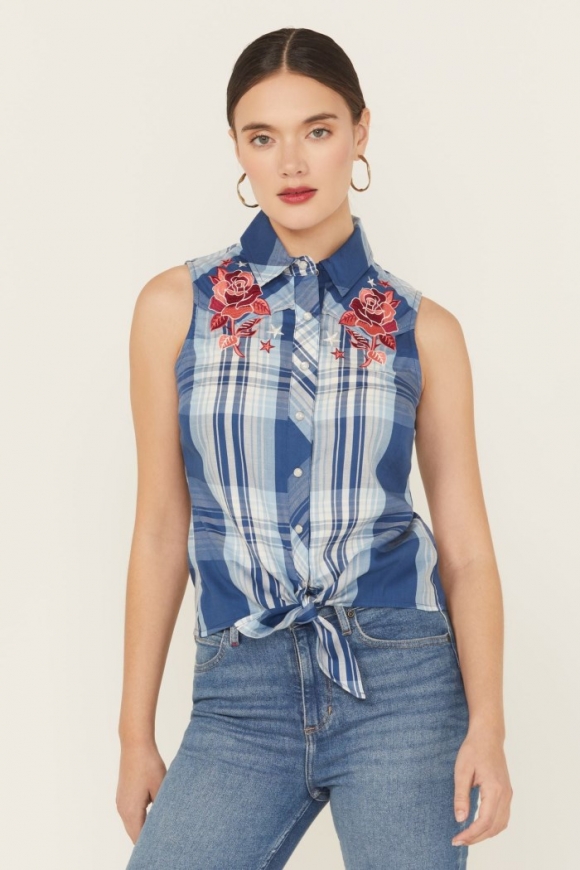 Special Offer Idyllwind Women's Plaid Print Embroidered Front Sleeveless Snap Western Shirt | Blue