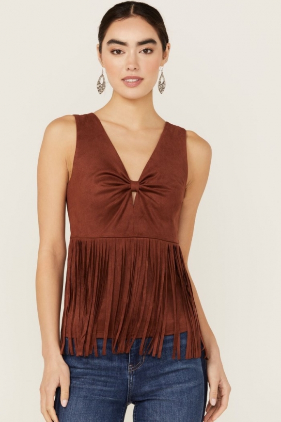 Special Offer Idyllwind Women's Pennington Faux Suede Twisted Fringe Top | Mahogany
