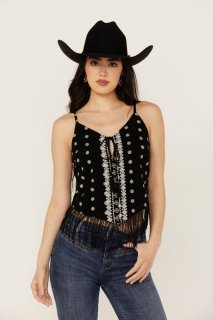 Special Offer Idyllwind Women's Sunnett Embroidered Fringe Hanky Hem Tank | Black Special Offer Idyllwind Women's Sunnett Embroidered Fringe Hanky Hem Tank | Black