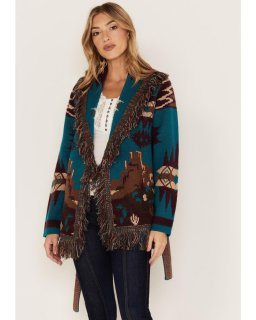 Special Offer Idyllwind Women's River Run Southwestern Print Belted Cardigan Sweater | Blue