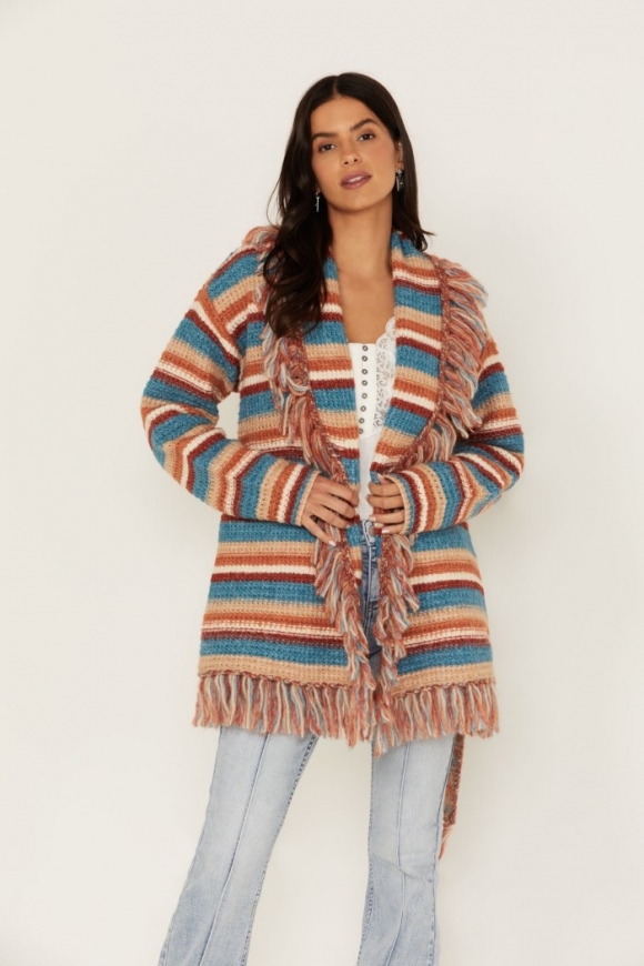 Special Offer Idyllwind Women's Abilene Striped Fringe Cardigan Sweater | Blue