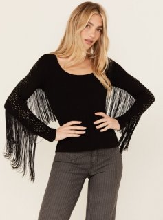 Special Offer Idyllwind Women's Doris Studded Fringe Long Sleeve Top | Black