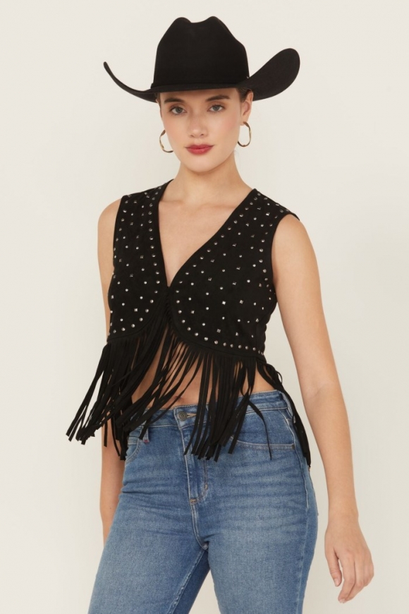 Special Offer Idyllwind Women's Embellished Faux Suede Cropped Fringe Vest | Black