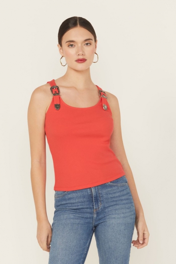 Special Offer Idyllwind Women's Wylie Rib Knit Buckle Tank | Coral Special Offer Idyllwind Women's Wylie Rib Knit Buckle Tank | Coral