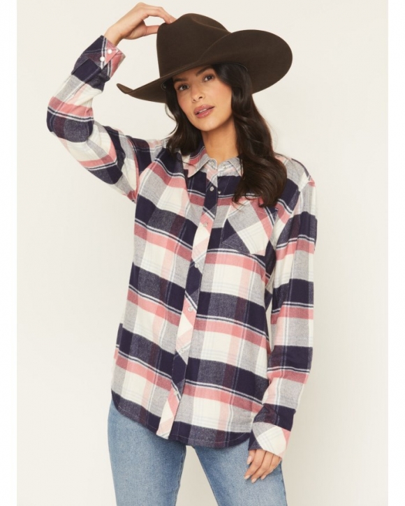 Special Offer Idyllwind Women's Skip Jack Plaid Print Long Sleeve Snap Flannel Shirt | Indigo Special Offer Idyllwind Women's Skip Jack Plaid Print Long Sleeve Snap Flannel Shirt | Indigo