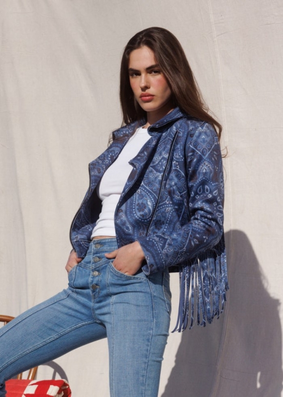 Special Offer Idyllwind Women's Banbury Printed Faux Suede Fringe Moto Jacket | Steel Blue