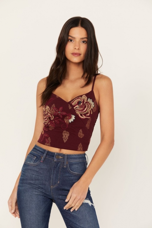 Special Offer Idyllwind Women's Jessamine Embroidered Smocked Back Crop Top | Maroon