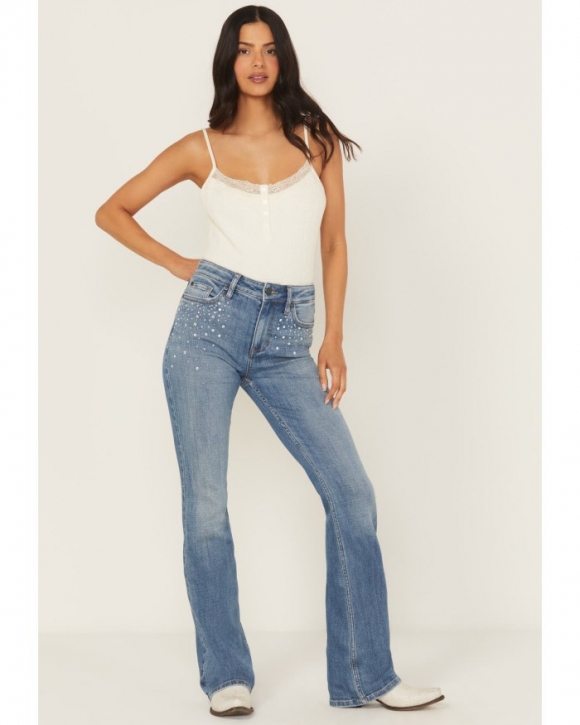 Special Offer Idyllwind Women's Legend Medium Wash High Rise Rhinestone Studded Bootcut Super Stretch Denim Jeans | Medium Wash