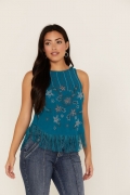 Special Offer Idyllwind Women's Cameo Beaded Fringe Tank Top | Blue Special Offer Idyllwind Women's Cameo Beaded Fringe Tank Top | Blue