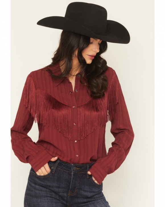 Special Offer Idyllwind Women's Revive Fringe Long Sleeve Snap Crinkle Shirt | Cherry