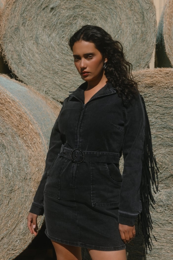 Special Offer Idyllwind Women's Fringe Long Sleeve Stretch Denim Mini Dress | Black Special Offer Idyllwind Women's Fringe Long Sleeve Stretch Denim Mini Dress | Black