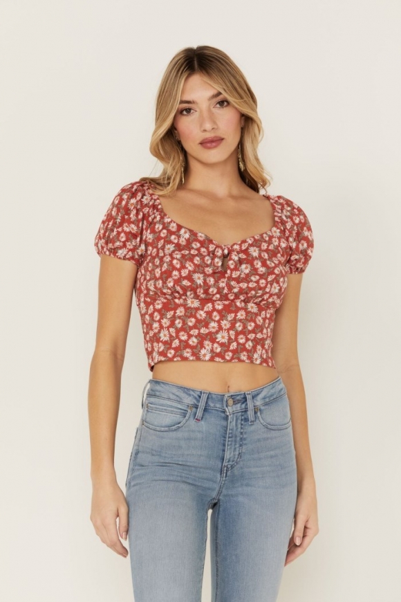 Special Offer Idyllwind Women's Bay Cove Brick Red Floral Crop Peasant Top | Brick Red