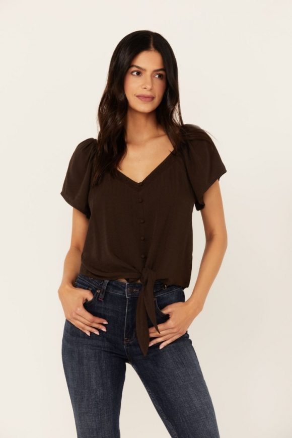 Special Offer Idyllwind Women's Tern Flutter Sleeve Tie Front Top | Dark Brown Special Offer Idyllwind Women's Tern Flutter Sleeve Tie Front Top | Dark Brown