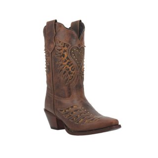 LAREDO WOMEN'S STELLA LEOPARD PRINT INLAY STUDDED WESTERN BOOTS - SNIP TOE-BROWN | NEW ARRIVALS
