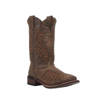 LAREDO WOMEN'S STELLA LEOPARD PRINT INLAY STUDDED WESTERN PERFORMANCE BOOTS - SQUARE TOE-BROWN | NEW ARRIVALS