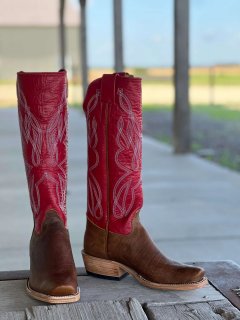 New Arrivals Olathe Natural Brahma Bison O Toe Tall Top Boots - Tan/Red