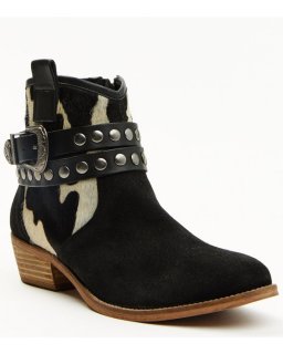 Quick Ship Shyanne Latest Women's Bess Cow Print Western Booties - Round Toe | Black