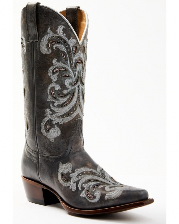 Quick Ship Shyanne Latest Women's Iona Floral Studded Western Boots - Snip Toe | Grey