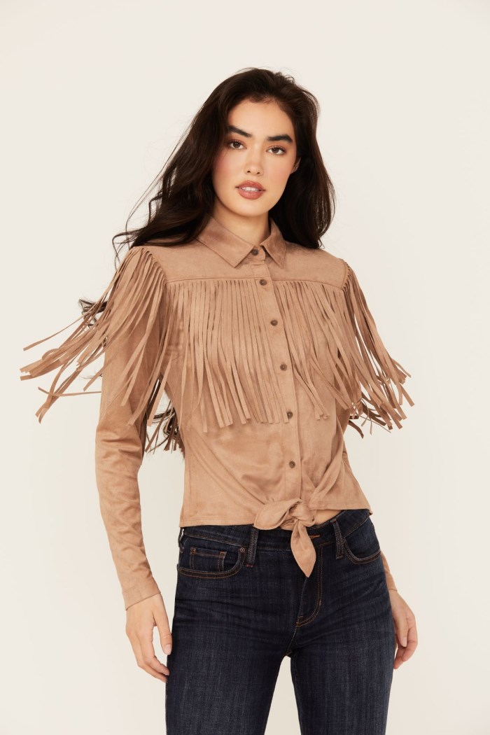 Special Offer Idyllwind Women's Fate Faux Suede Fringe Long Sleeve Button-Down Tie-Front Shirt | Tan
