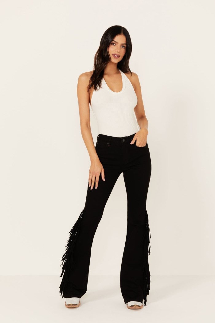 Special Offer Idyllwind Women's Danby Drive Rebel Mid Rise Suede Fringe Comfort Stretch Denim Jeans | Black