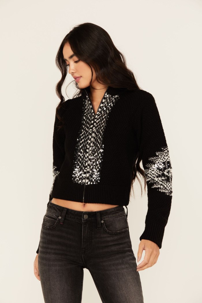 Special Offer Idyllwind Women's Dallas Sequins Cropped Zip Front Sweater | Black