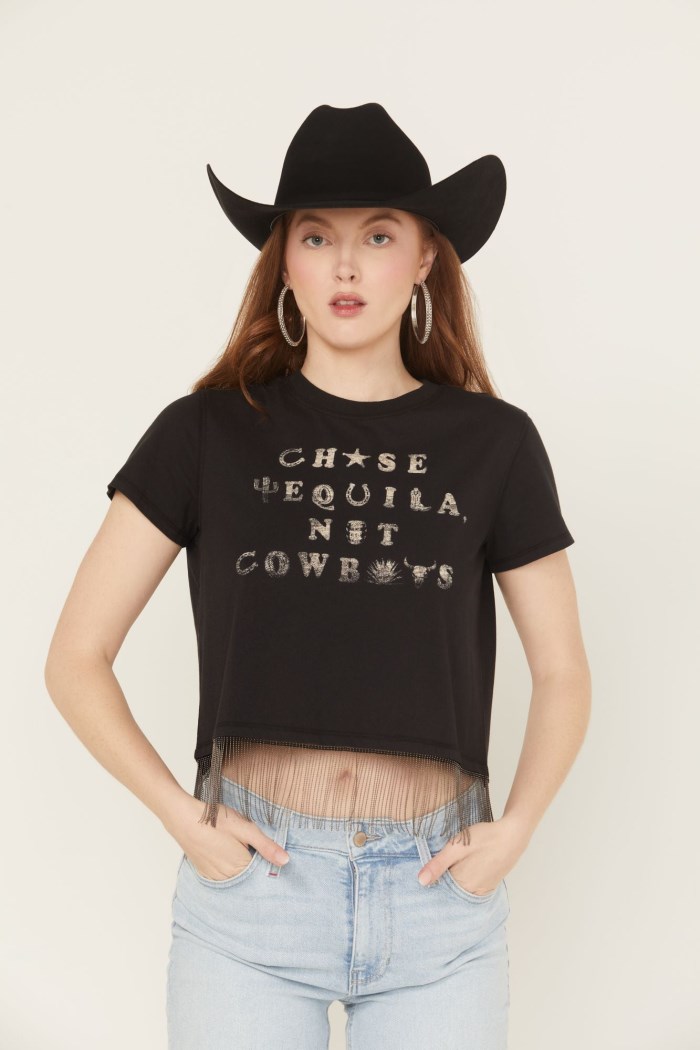 Special Offer Idyllwind Women's Chase Tequila Ball Chain Fringe Short Sleeve Cropped Graphic Tee | Black