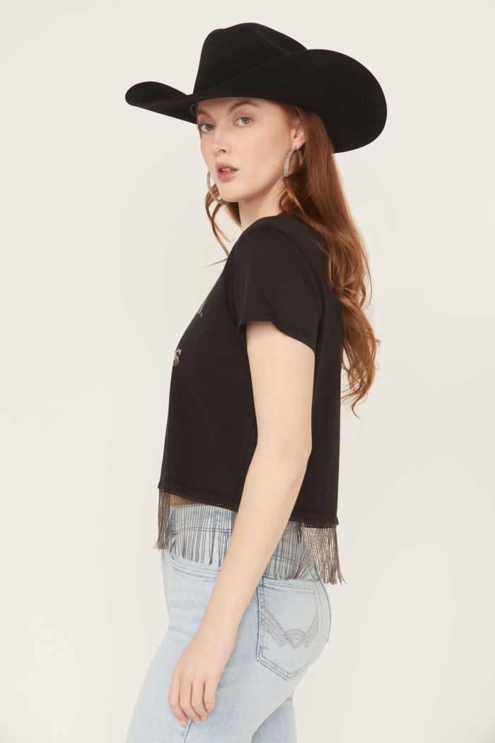Special Offer Idyllwind Women's Chase Tequila Ball Chain Fringe Short Sleeve Cropped Graphic Tee | Black