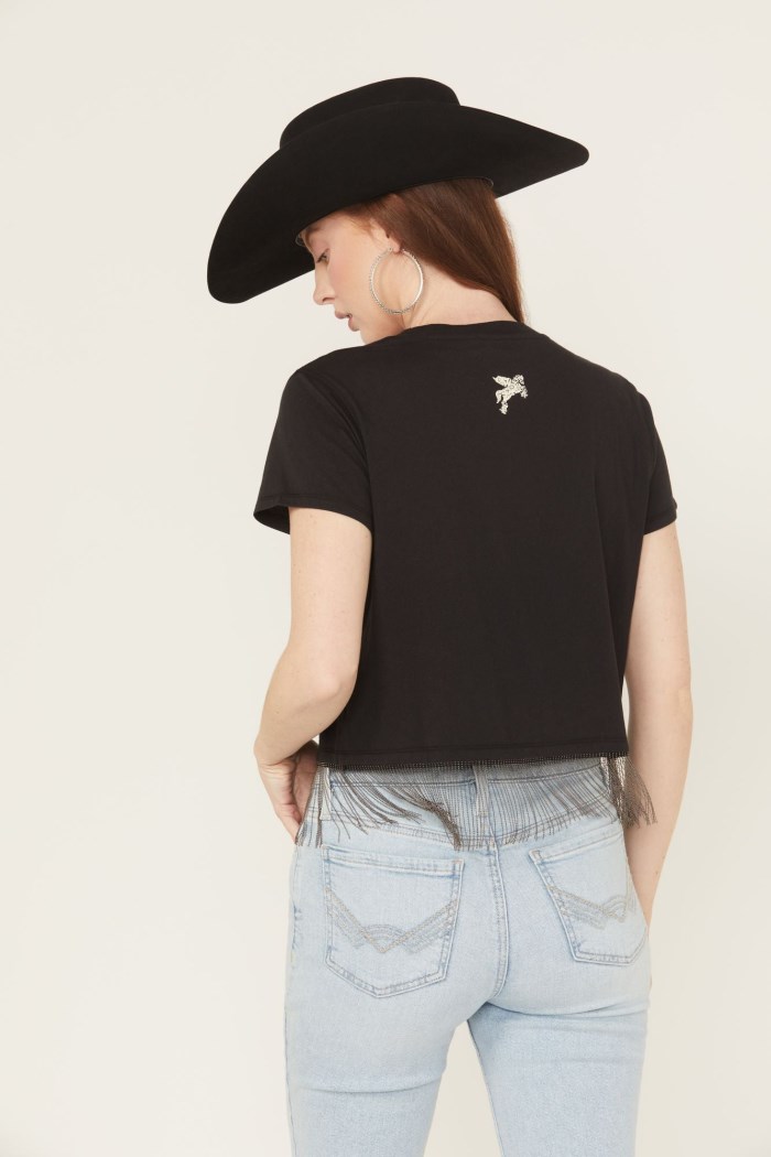 Special Offer Idyllwind Women's Chase Tequila Ball Chain Fringe Short Sleeve Cropped Graphic Tee | Black