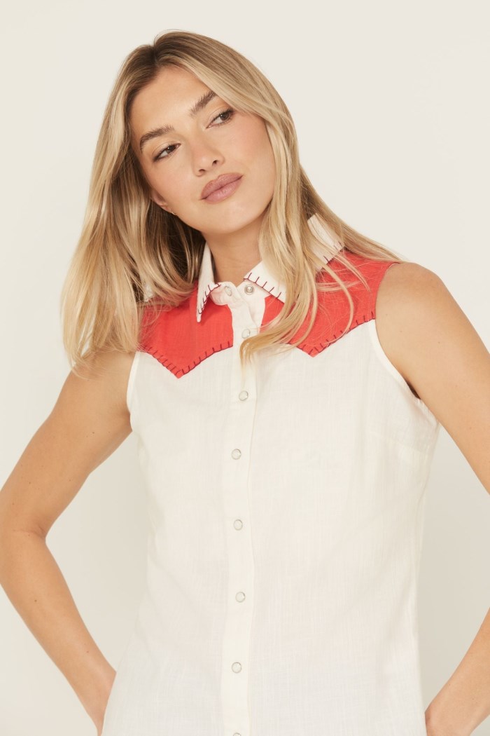 Special Offer Idyllwind Women's Plainweave Contrast Yoke Sleeveless Snap Western Shirt | Ivory