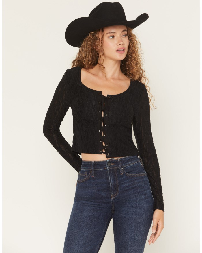 Special Offer Idyllwind Women's Wind Song Lace Long Sleeve Lace-Up Shirt | Black