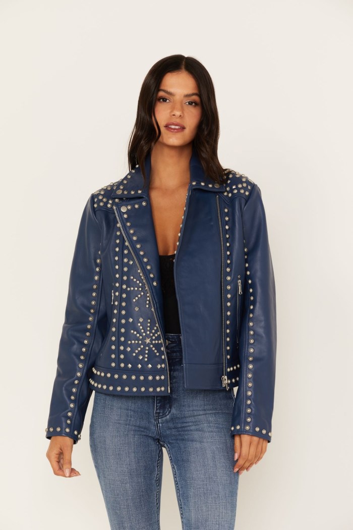 Special Offer Idyllwind Women's Studded Moto Leather Jacket | Blue