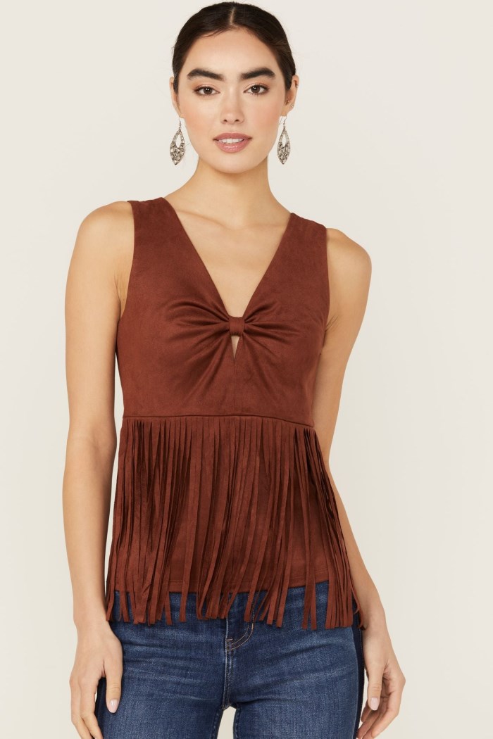 Special Offer Idyllwind Women's Pennington Faux Suede Twisted Fringe Top | Mahogany