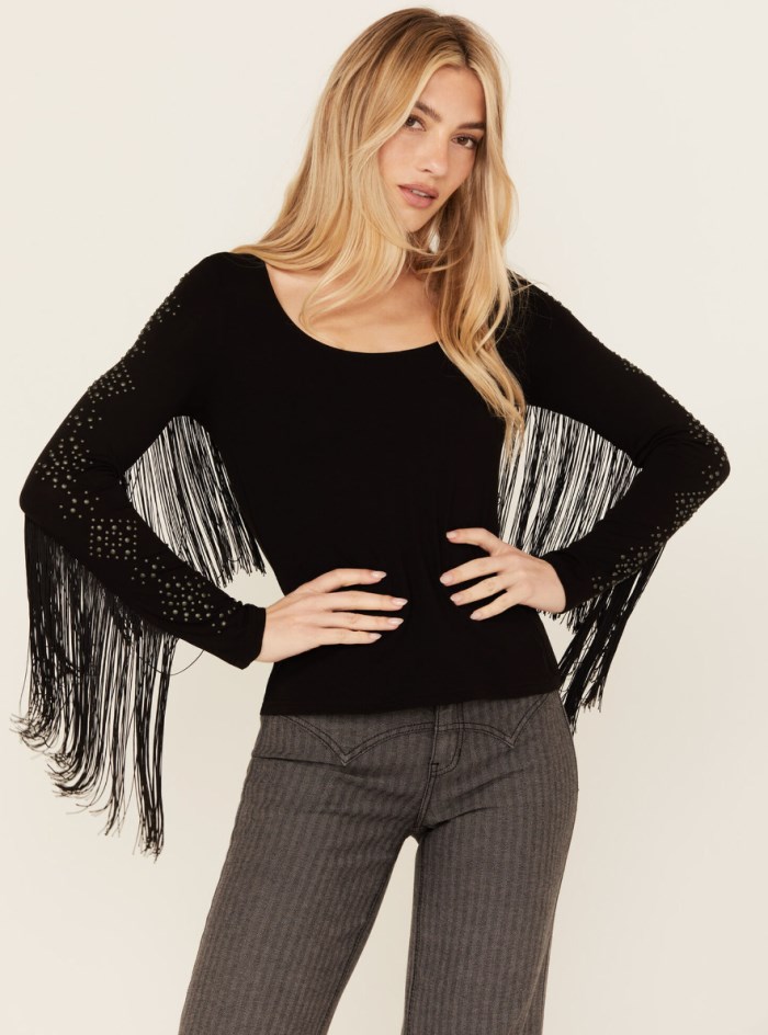 Special Offer Idyllwind Women's Doris Studded Fringe Long Sleeve Top | Black