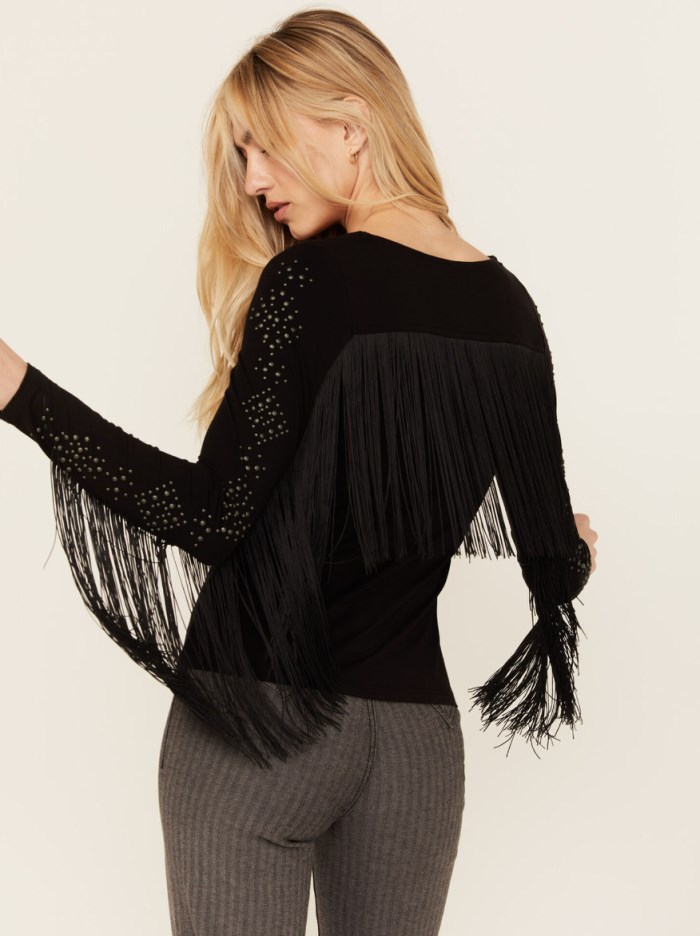 Special Offer Idyllwind Women's Doris Studded Fringe Long Sleeve Top | Black