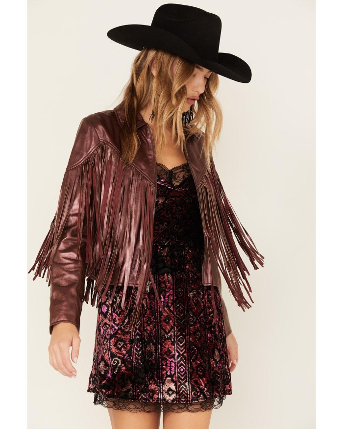 Special Offer Idyllwind Women's Metallic Fringe Leather Moto Jacket | Grape