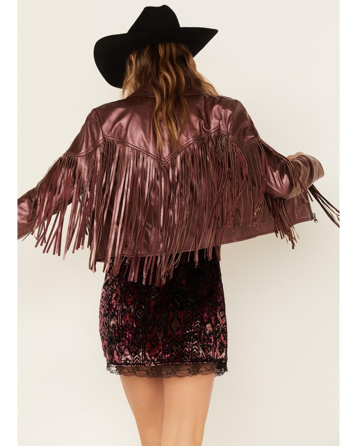 Special Offer Idyllwind Women's Metallic Fringe Leather Moto Jacket | Grape