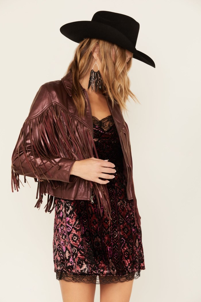 Special Offer Idyllwind Women's Metallic Fringe Leather Moto Jacket | Grape